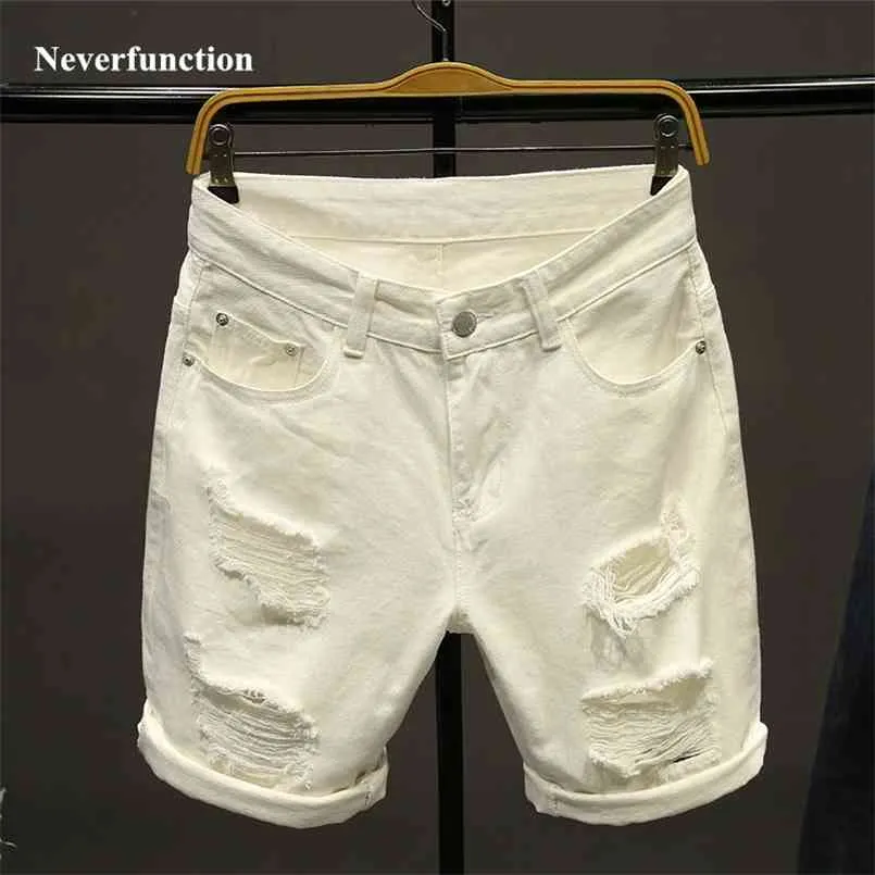 Zomer wit mannen gescheurd losse rechte jeans korte mode hiphop bermuda gaten mannelijke effen kleur casual strand denim shorts 210716