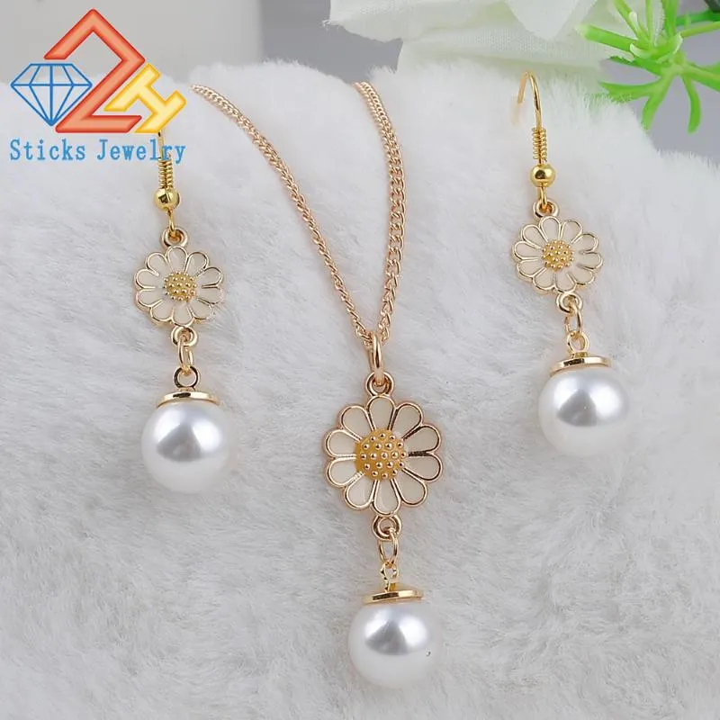 Pendant Necklaces Charm Gold Rose Simulated Pearl Necklace Set Long Chain Jewelry Wedding Accessories