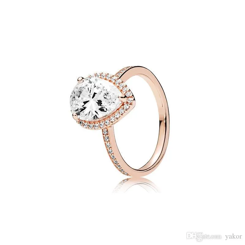 Tear drop CZ Diamond 925 Silver Wedding RING Original Box for Pandora 18K Rose Gold Water drop Rings Set For Women