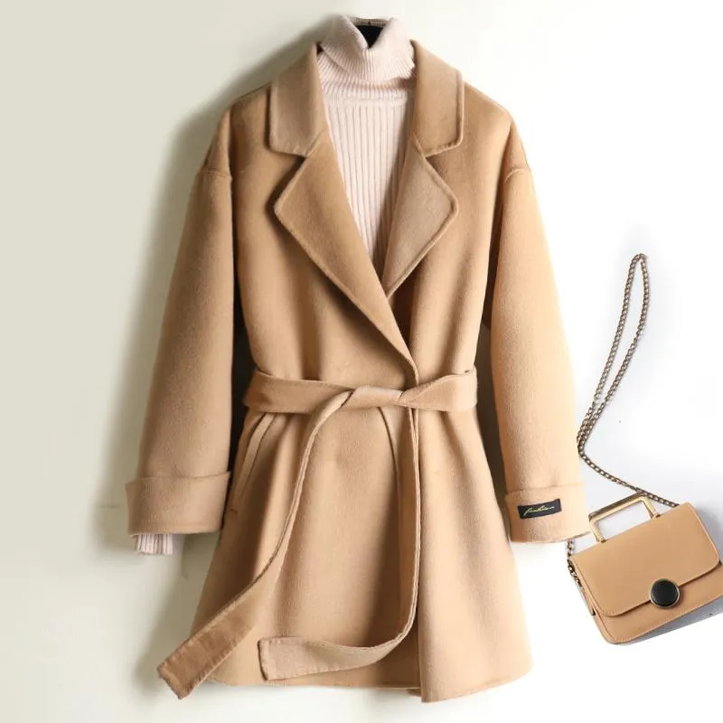 Women's Wool & Blends Double-sided Cashmere Coat Female 2021 Spring Suit Collar Belt Small Han Edition Show Thin Cloth