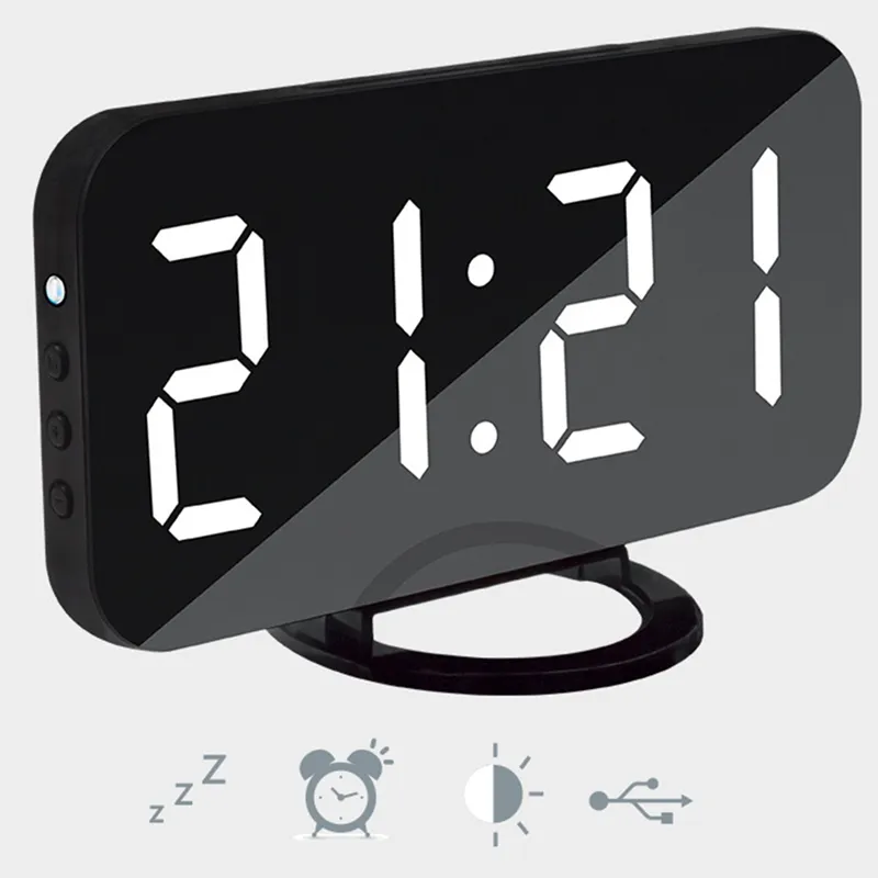 USB Led Light Display Time LED Display Digital Alarm Clock Mirror Clock  Snooze