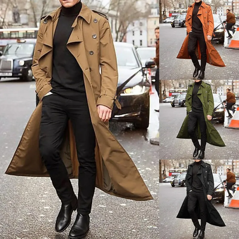 Primavera fino masculino trench coat fino ajuste duplo breasted lapela casacos longos blusão moda masculina sólida longo trench coat