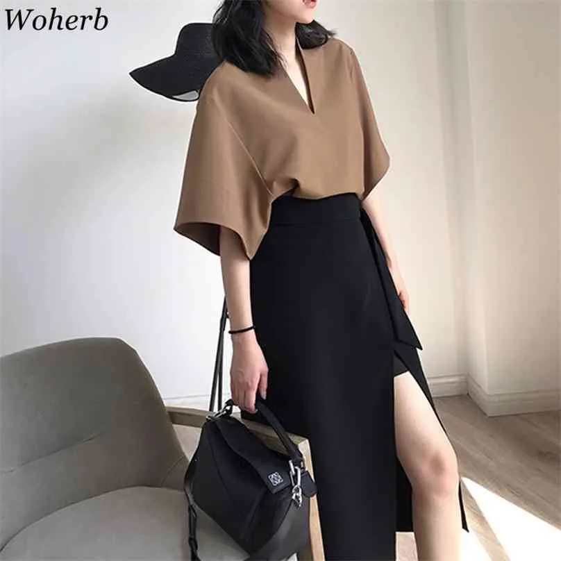 Woherb Plus Size Short Sleeve Blouse Women Sexy V-neck Office Lady Work Solid Casual Shirt Korean Blusas Camisas Mujer 210719