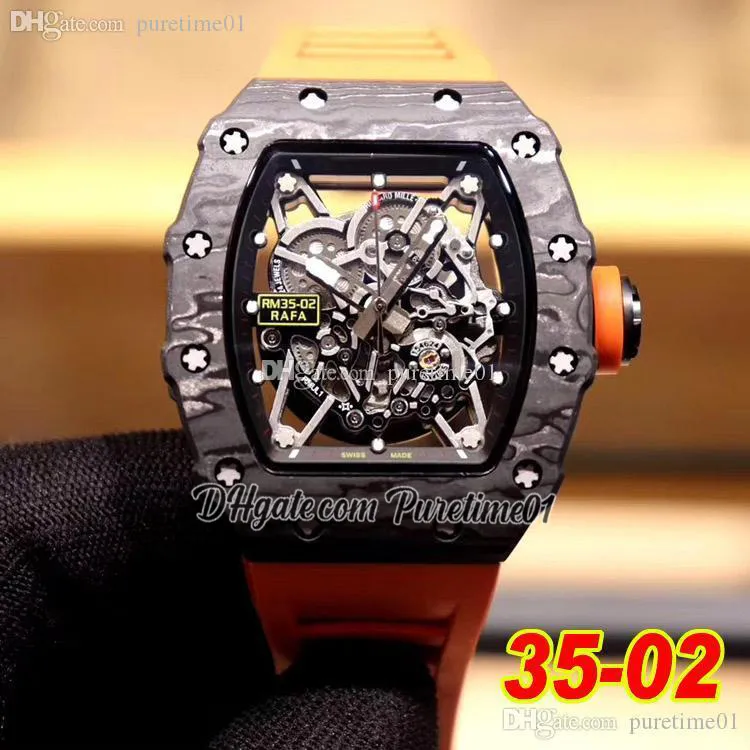 2022 Black Carbon Fiber Miyota Automatic Mens Watch Skeleton Dial Orange Crown Rubber Strap Super Edition Watches Puretime01 3502CF-C3