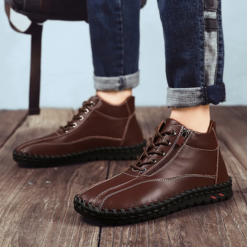 Frühling/Winter Casual Männer Leder Schuhe Schnür-Reißverschluss Handgemachte Männer Stiefel Wärme Isolierte Große Größe High Top Loafer