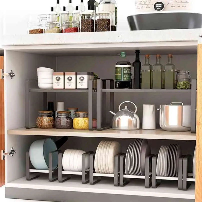 Kitchen Cabinet Storage Shelves Plates Dishes Chopping Board Rack Bowl Cup Holder Multifunction Closet Organizer 210902