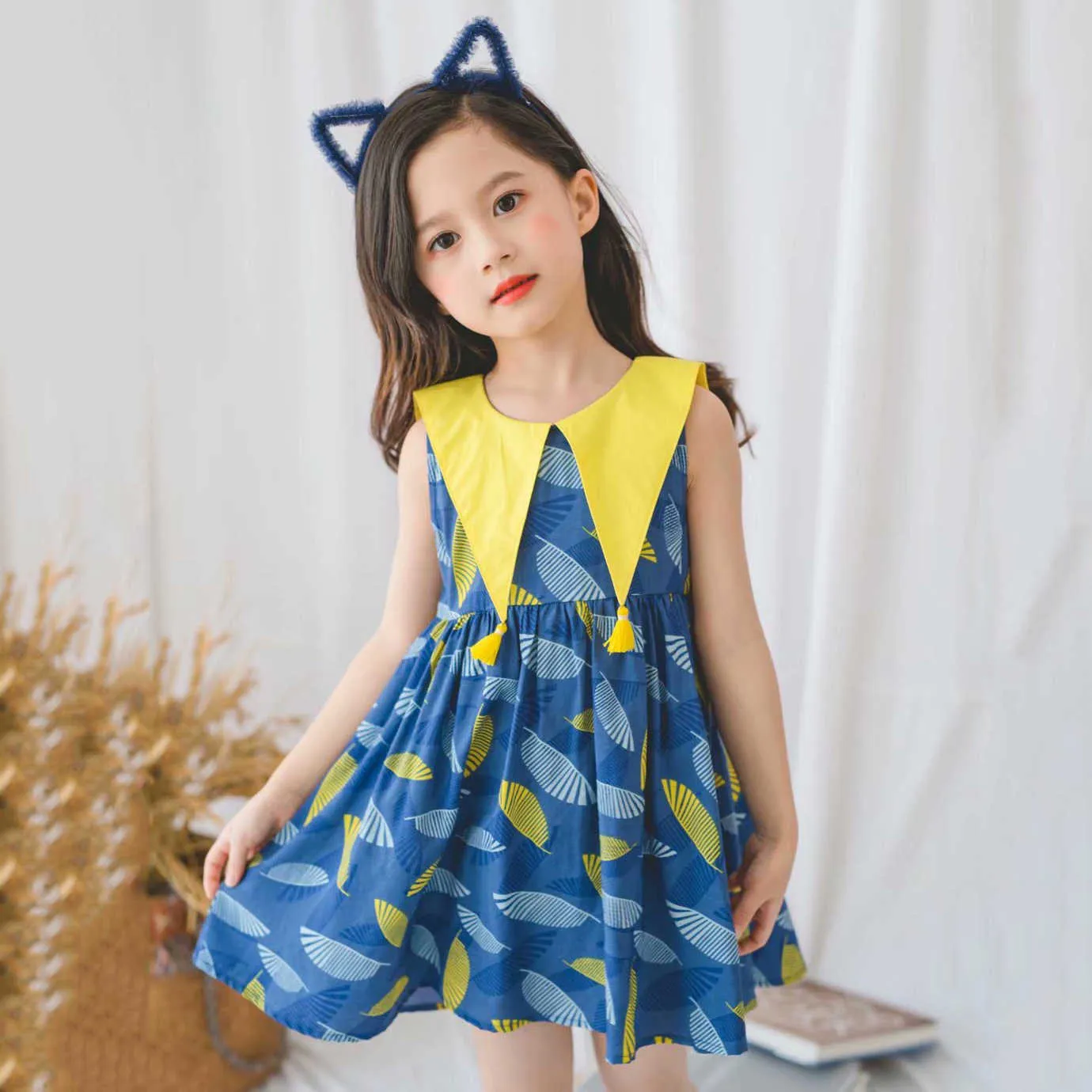 Kızlar Yaz Kolsuz Tüy Baskılı Elbise Mavi Tatlı Güzel Çocuk Çocuklar 2020 Yeni Parti Giyim Elbise Q0716