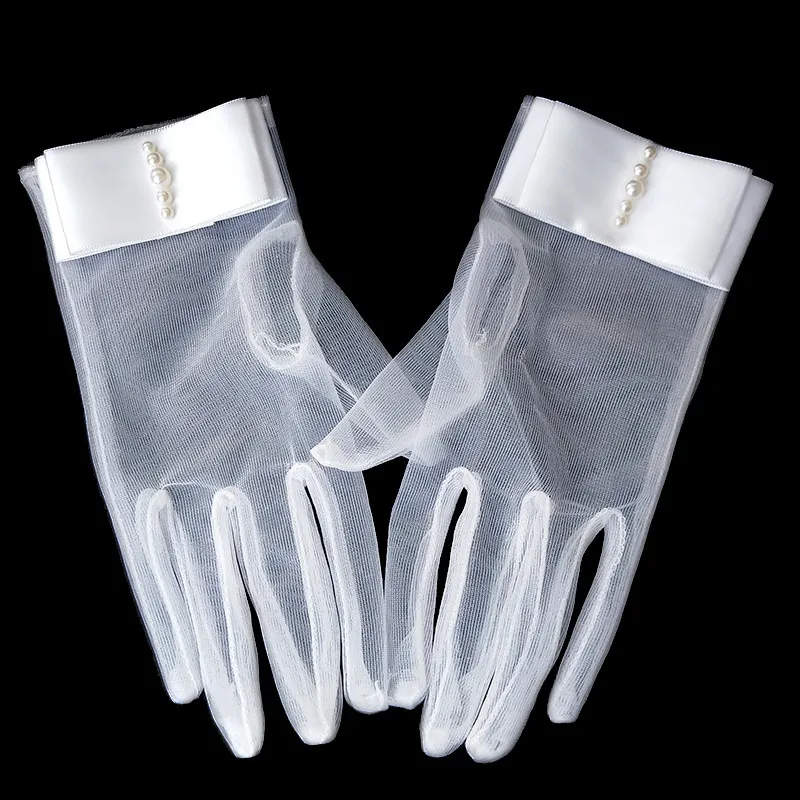 Bride Short Bow Beaded Gloves Mesh Pearl Breathable Glove for Wedding Dress