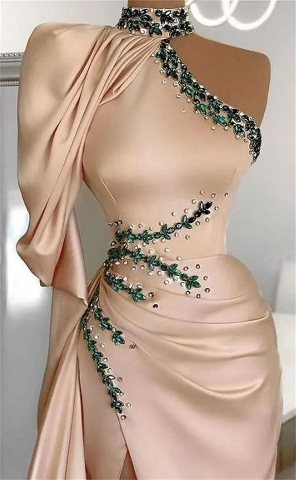 Champagne Side Split Mermaid Prom Dresses Beaded High Neck Long Sleeve Evening Dress Party Second Reception Gowns