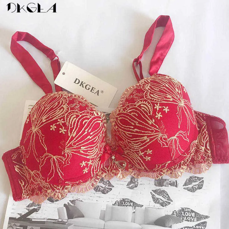 Luxury Red Bra Sexy Brassiere A B C Cup Thick Cotton Underwear Women Bras  Embroidery Lingerie Lace Push Up Bra Brown 210623