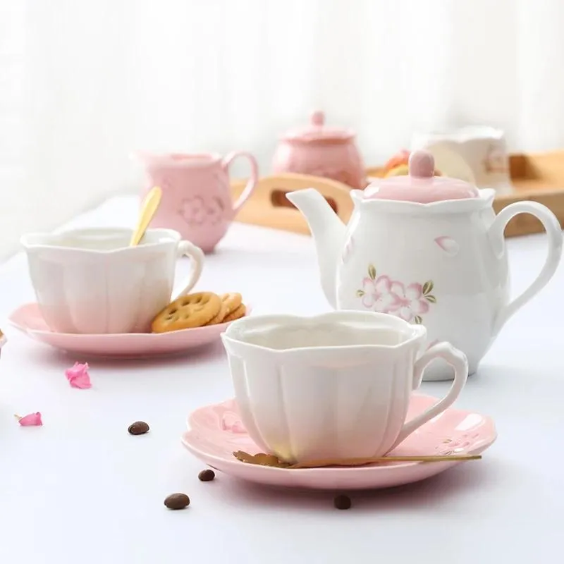 Чашки блюдцы в японском стиле вишневый цветок керамический тиснений