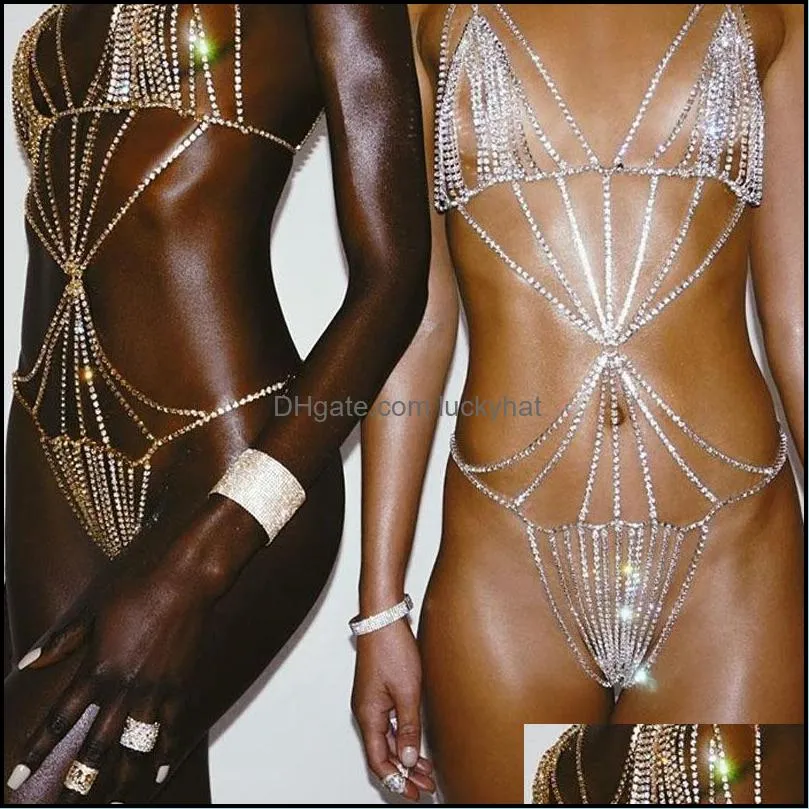 Sexy Lingerie Jumpsuits Rhinestone Chain Women One-Piece Bodysuit Body Chain Jewelry Crystal Bikini Bra Thong Chains