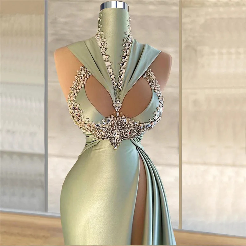 Glamorous Prom Dresses High Neck Side Split Party Dresses Crystals Sleeveless Floor Length Custom Made Evening Dress