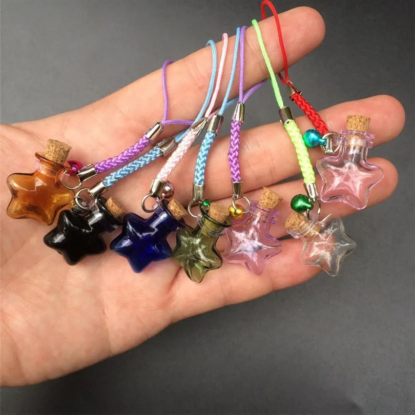 Mini Stars Bottles Crafts with Nylon Rope Key Chains Mini Bracelets Jars Glass BottlesCrafts Mixed Color 7pcs Free Shipping1