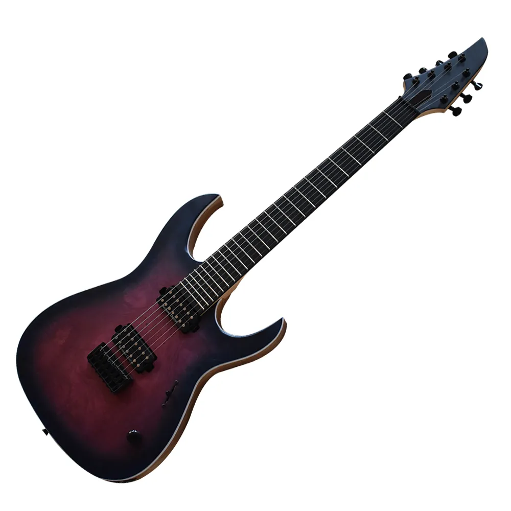 Factory Outlet-7 Struny Matowe Purpurowa gitara elektryczna z forniru klonowego Burl, 24 progami, Roodewood Fretboard