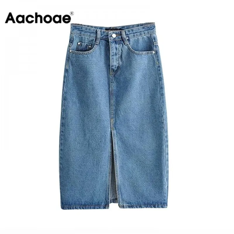 Aachoe Sexy Denim Saias Mulheres Forma Split Meados Bezerro Comprimento Saia Do Bolso Vintage Azul Senhoras Senhoras Cintura Alta Midi Saia 210306