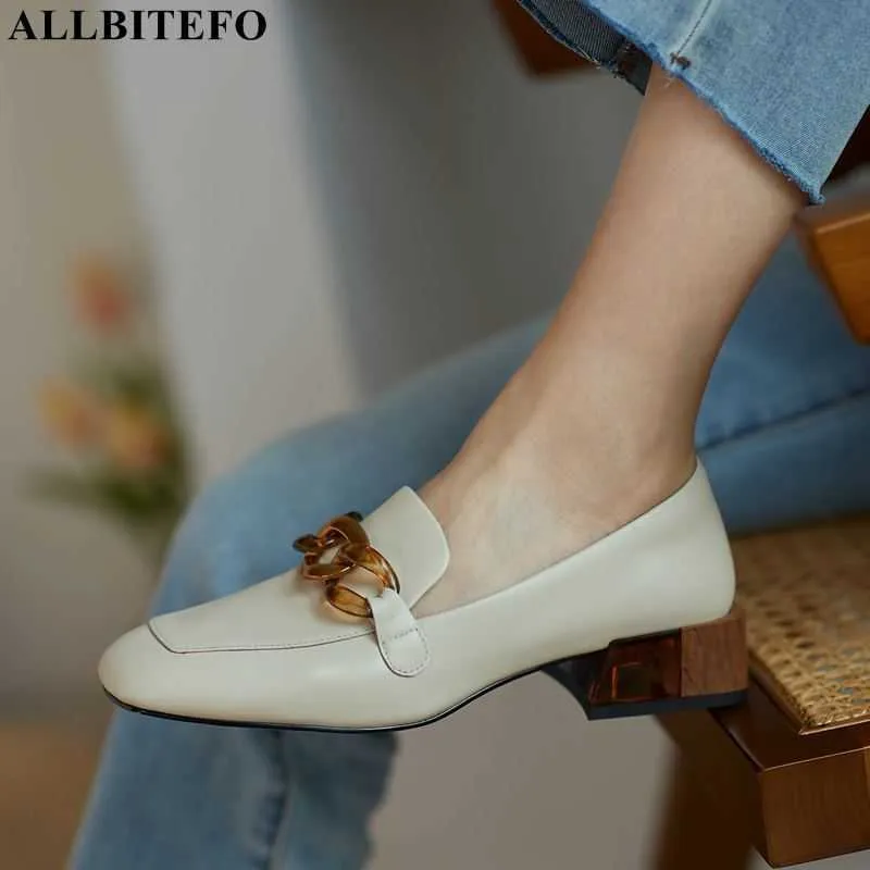 ALLBITEFO size 33-42 Chain design high quality genuine leather women heels spring fashion leisure high heel shoes high heels 210611