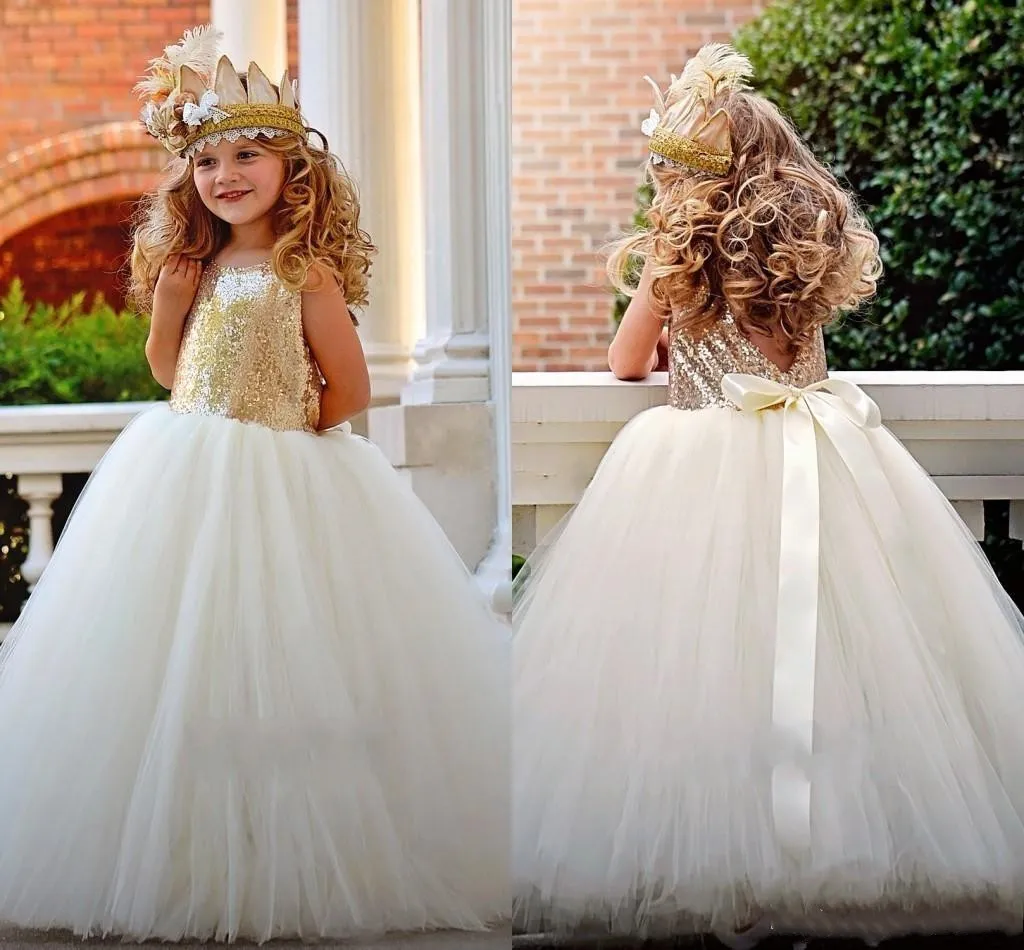 Gold Sequin A Line Flower Girl Dresses Tutu Sash Crew Neck Baby Child Birthday Party Formal Gowns Girls Pageant Dress