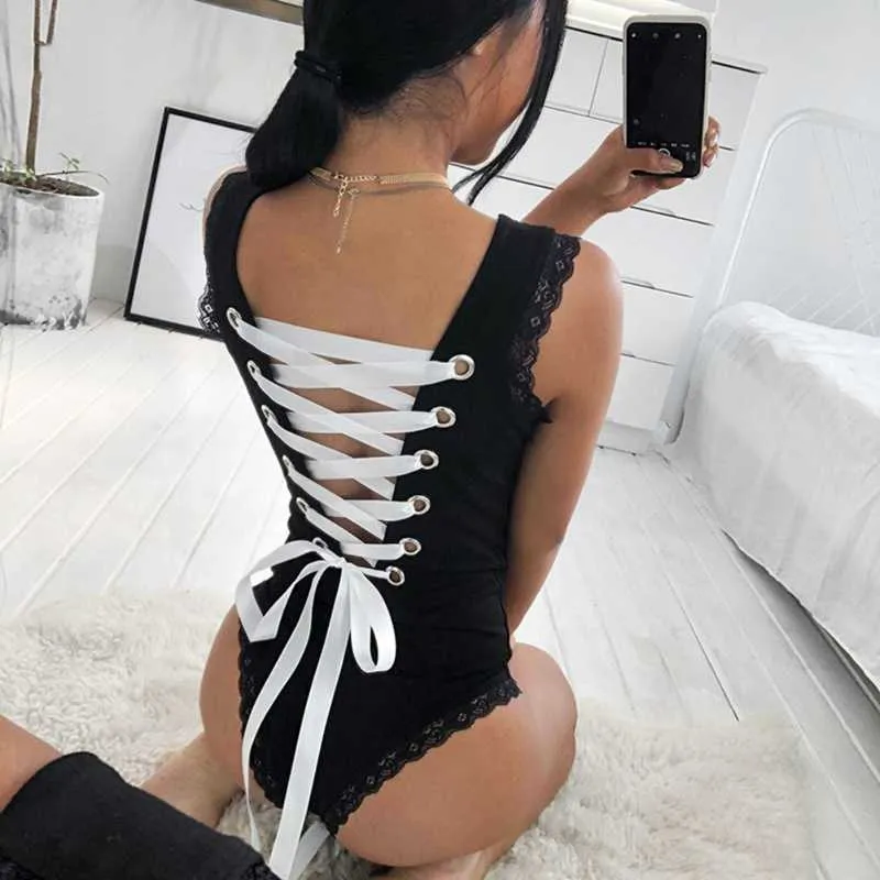 Zwart Kant Patchwork Tank Bodysuit Dames Sexy Mouwloos Body Mujer Backless Bodycon Criss Cross Bandage Bodysuits Y0927