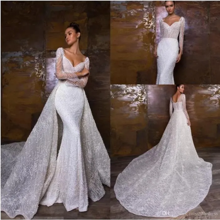 Abiti da sposa a sirena di design 2022 con strascico staccabile Splendidi abiti da sposa di lusso in pizzo applicati Abiti da sposa country