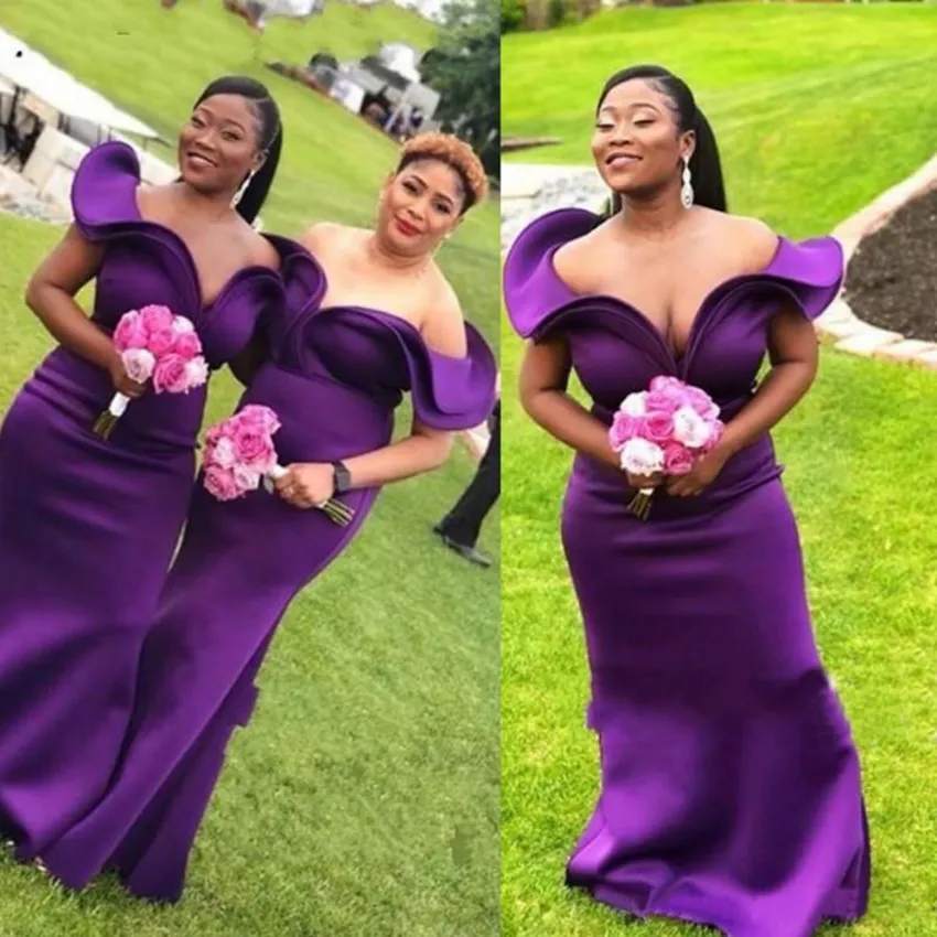 Regent Purple Bruidsmeisje Jurken Voor Bruiloft 2021 Lente Zomer Off Shoulder Satin Plus Size Maid of Honour Jurken Afrikaanse Bruidsmeisjes Jurk