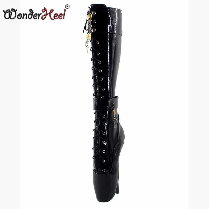 Wonderheel Ultra High Heel 18 cm Stiletto-Absatz Schwarz Abschließbare Vorhängeschlösser Kniehohe Ballettstiefel Sexy Fetisch Damenmode Schuhe 210907