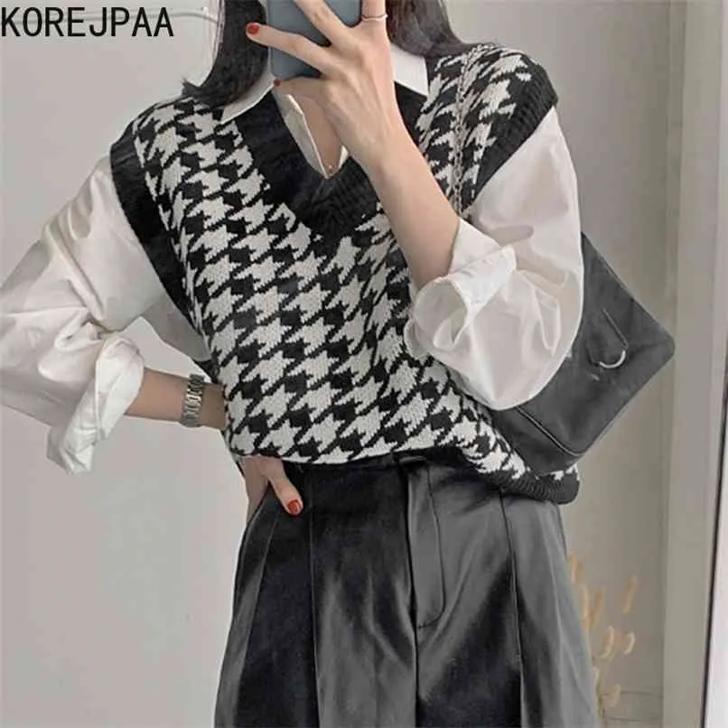 Korejpaa Woman Vest Sets Korean Autumn Fashion Wild V-neck Bird Check Knitted Vests and Loose Solid Long Sleeve Shirt Top 210819