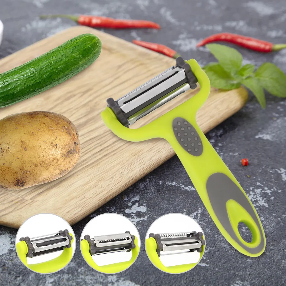 Ventas al por mayor Pelador de verduras 3 en 1 con manga de cuchillo Fruta Cuchillo de acero inoxidable Ralladores de repollo Ensalada Cortador de papas Accesorios de cocina