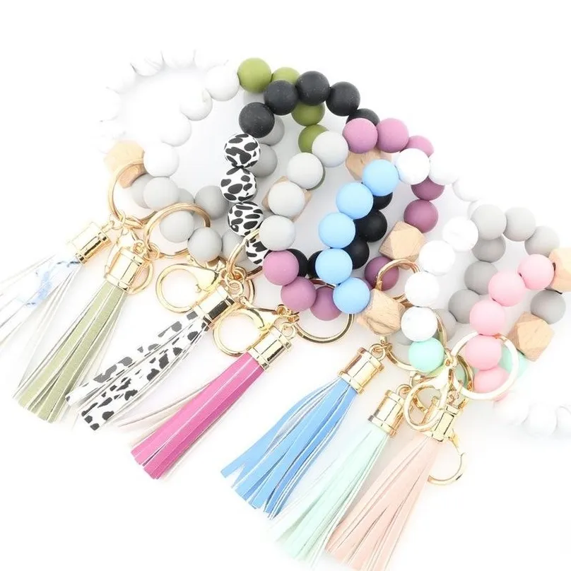 Fashion Silicone Bead Bracelets Beech Tassel Key Chain Pendant Leather Bracelet Women's Jewelry 14 Style