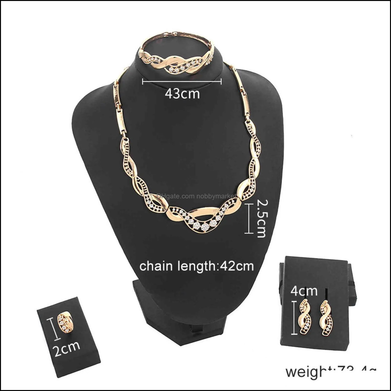 Factory Outlet Brand Necklace Wind exaggeration metal Diamond Jewelry Set Earring Ring Bracelet four piece set tassel Pendant