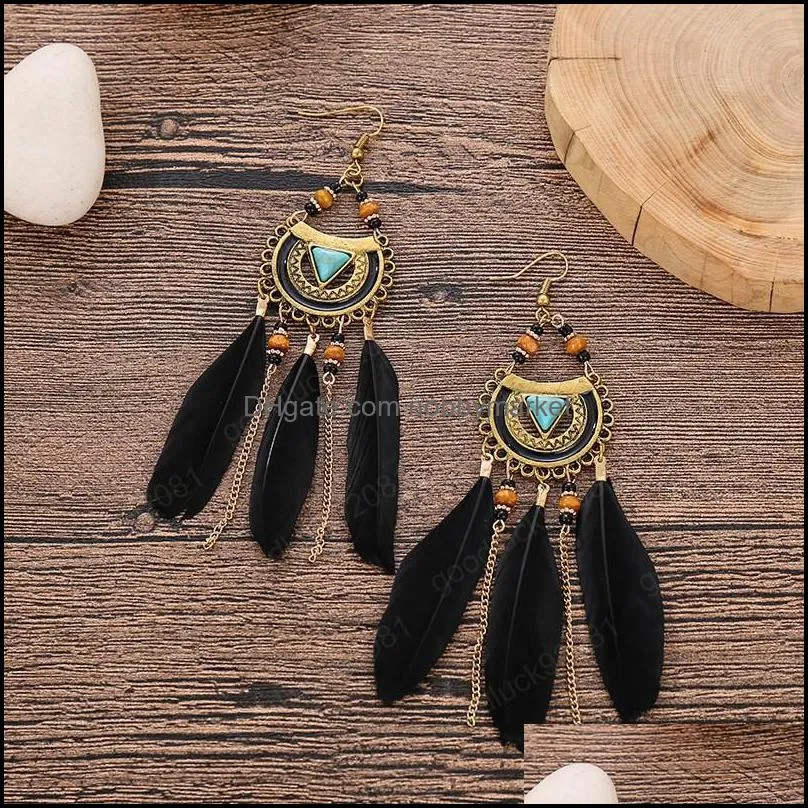 Bohemian White Semicircle Long Feather Tassel Ladies Earrings Women Summer Indian Jewelry Natural Wood Beads Dangle Earrings