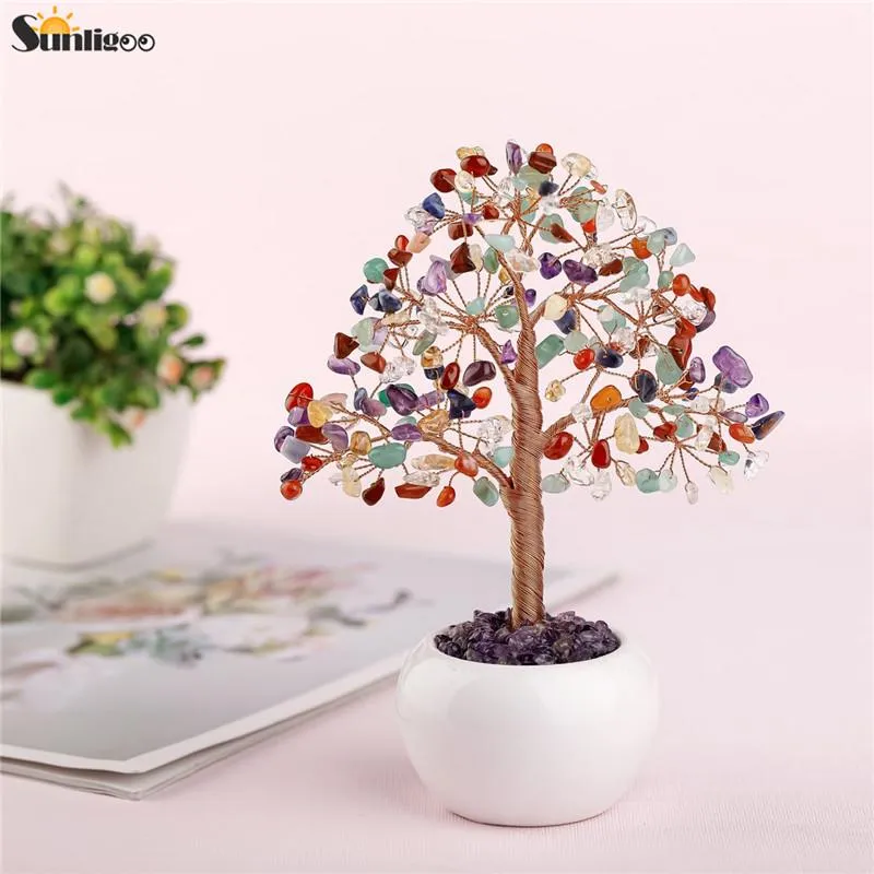 Decorative Objects & Figurines Sunligoo Feng Shui Money Tree Ornaments Mini Tumbled Gemstones Bonsai Ceramic Vase Living Room Office Home De