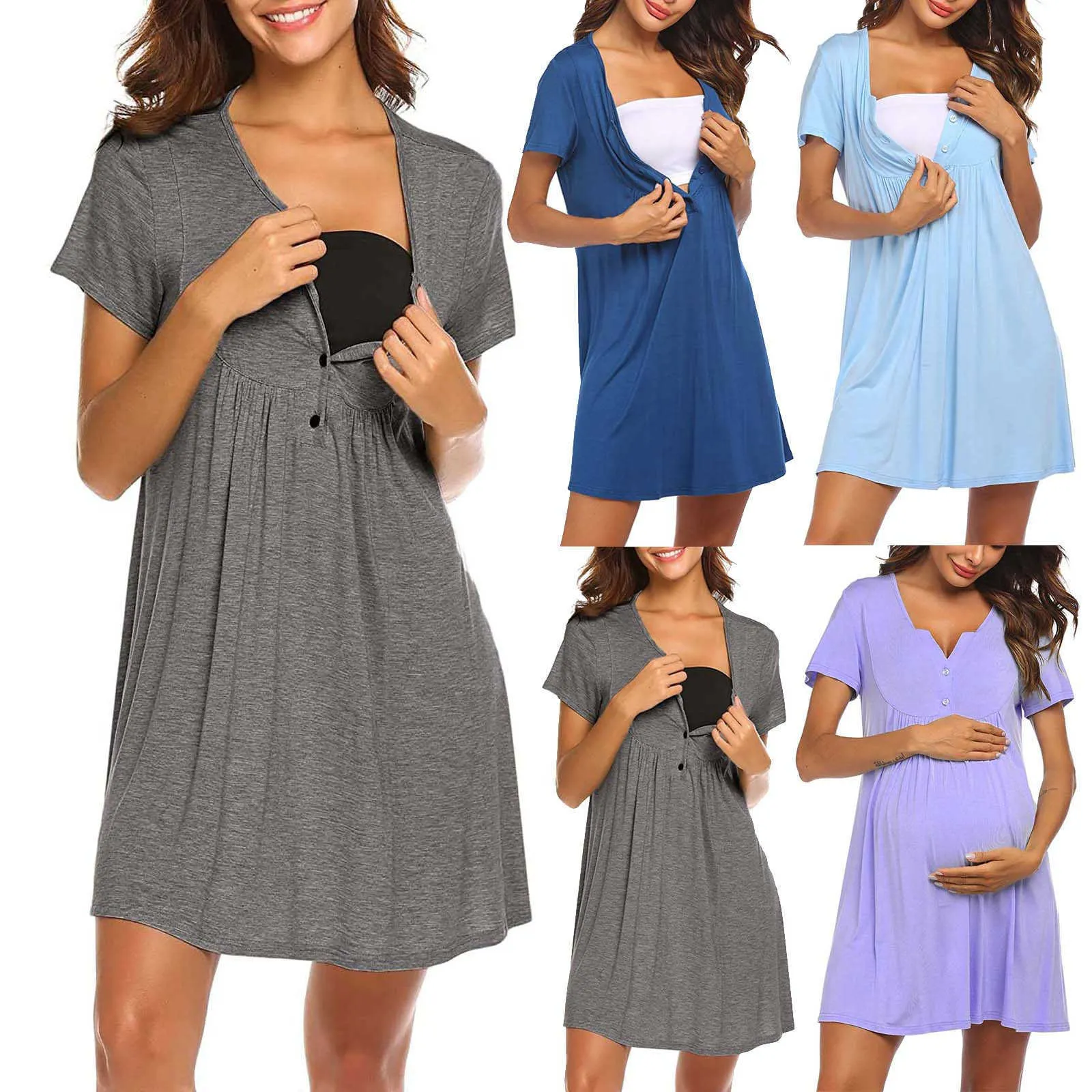 Gravida klänningar 2021 Nattklänning Mode O-Hals Solid Knappar Kortärmad Gravid kvinna Graviditetskläder Maternity Dress Q0713