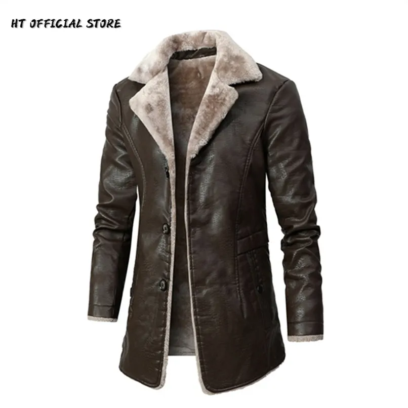 PU Leather Jacket Men Long Style Solid Men's Streetwear Fleece Casual Mens Clothing Porckets Breasted Leather Coat Outwear 211119