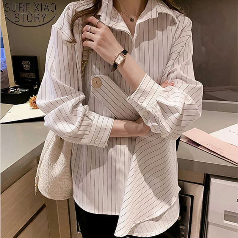 Design Sensor de Manga Longa Camisa Outono Fashion Stripe Camisa Mulher Solta Magro Mulheres Blusas e Top Vintage Plus Size 6948 50 210527