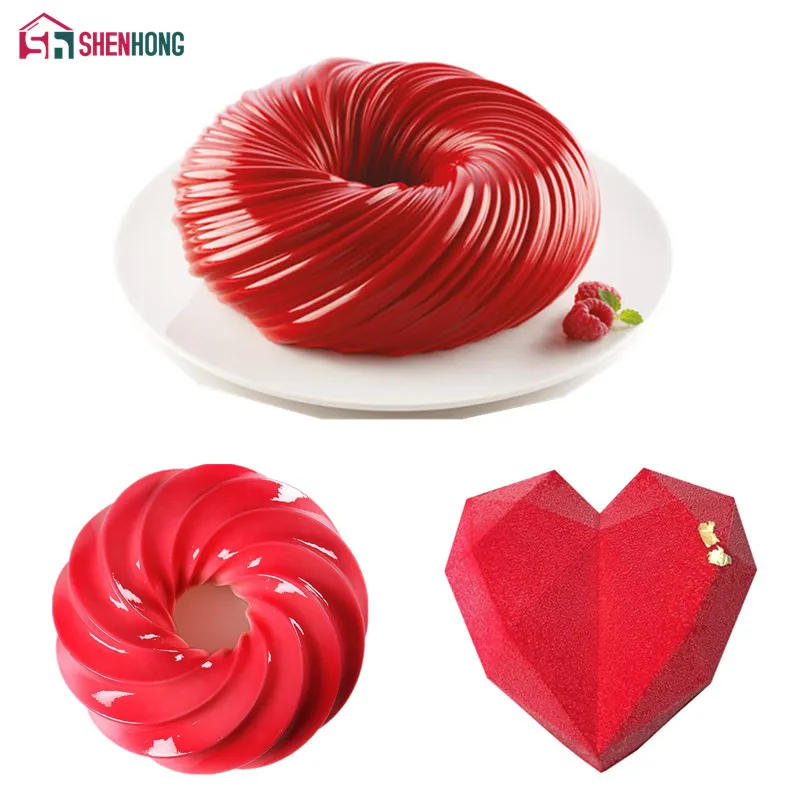 SHENHONG 3PCS Moule à gâteau en silicone pour la cuisson Vortex Love Diamond Heart Mold Dessert Mousse Décoration Pâtisserie Outils 210225