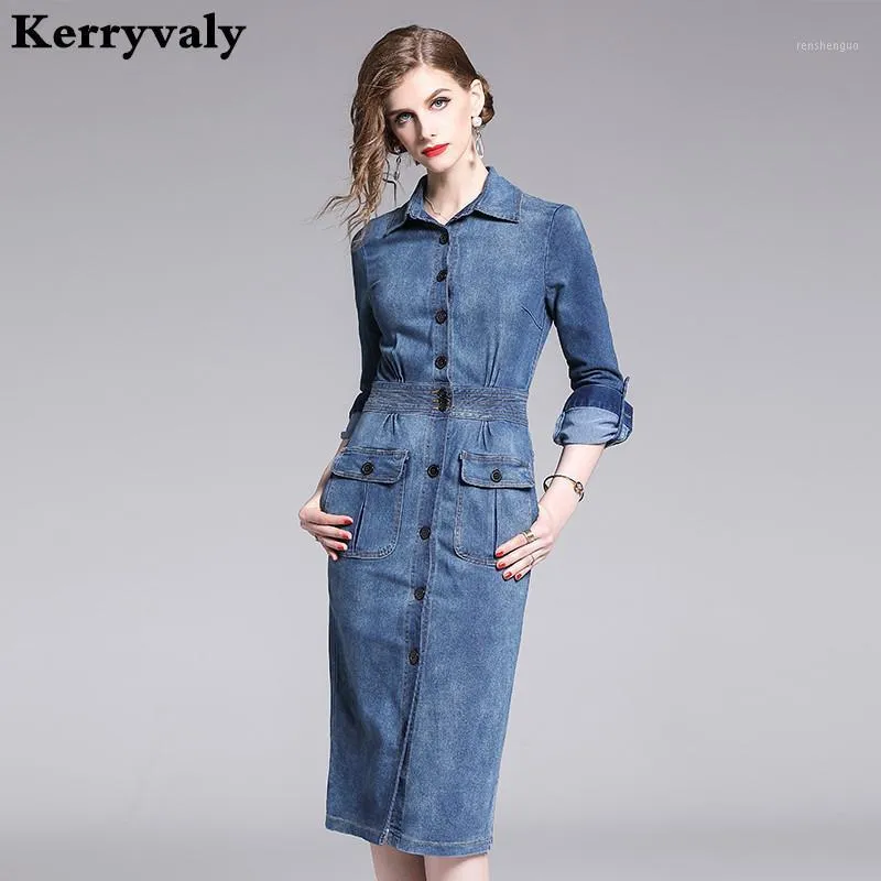 Bolsa de outono Hip Cable Lock Lápis Vestido Denim Zomerjurk Dames 2021 Manga Longa Retro Jeans Midi Feminino Jurken K2181 Vestidos Casuais