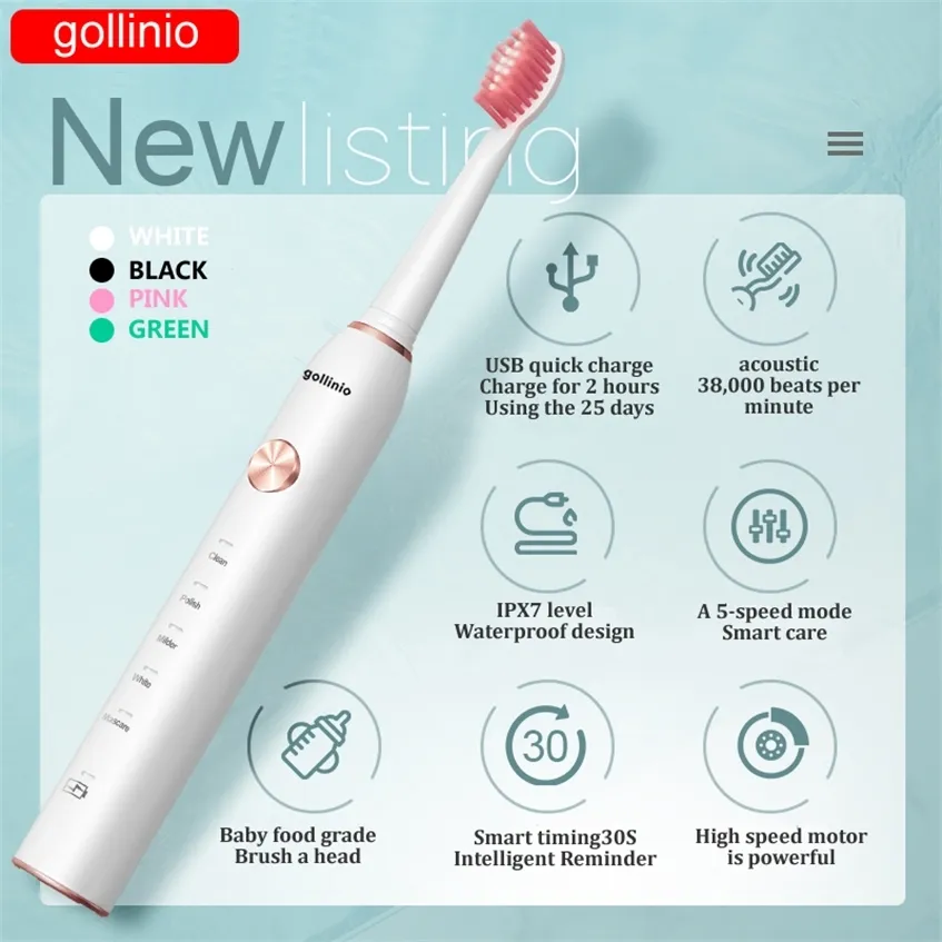 Gollinio Sonic Electric Toothbrush GL41E Smart Teeth Borste USB Snabb Laddning Elektronisk Tandväska Byte Huvuduppsättning 220224