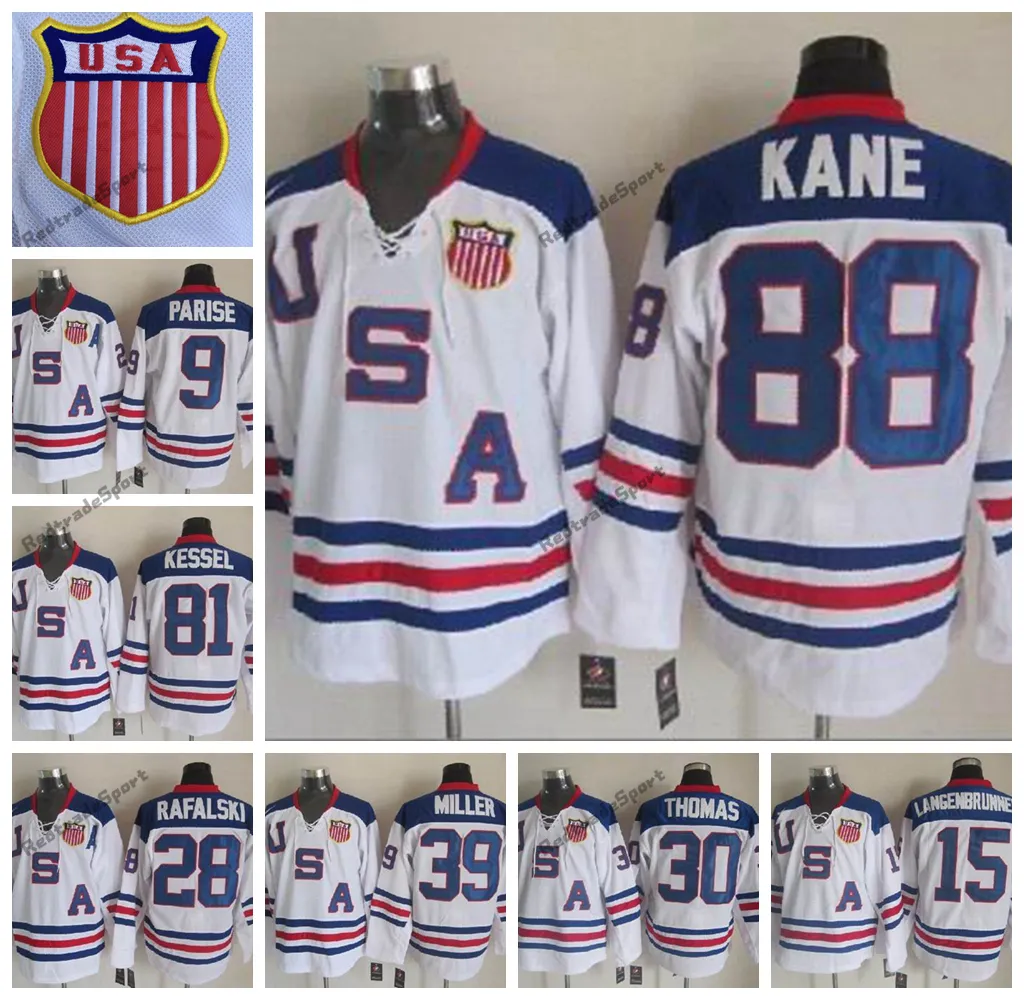 MI08 2010 국가 팀 하키 유니폼 88 Patrick Kane 9 Zach Parise 39 Ryan Miller 81 Phil Kessel 30 Tim Thomas 15 Jamie Langenbrunner 화이트 스티치 저지 S-XXXL