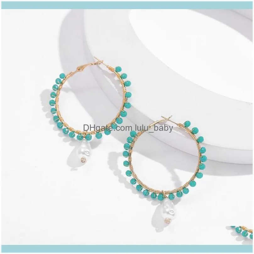 Bohemia Handmade Round Pearl Beads Hoop Earrings For Women Girls Vintage Boho Geometric Cross Statement Jewelry 2021 & Huggie