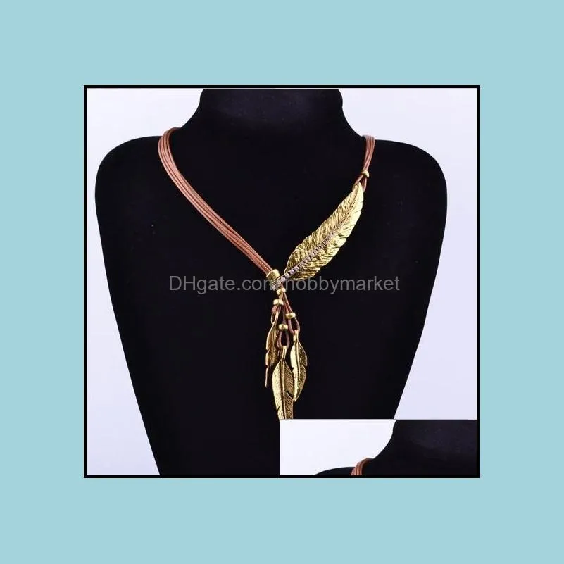 New Arrivals Fashion Rope Chain Feather Pattern Pendant Necklaces Bohemian Style Black statement necklace Jewelry For women Sweater
