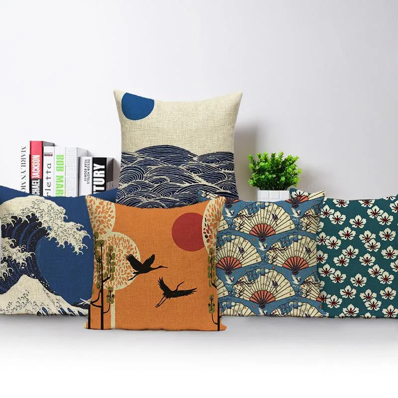 Poduszka / Dekoracyjne Poduszki Japoński Styl Poduszki Pokrywa Fale Paski Mountain Bird Salon Pillows Case Nordic Sofa Poduszki samochodowe Pokrywy