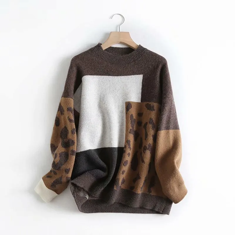 H.SA 2021 Kvinnor Vintage Leopard Pullover och tröjor Vinter Patchwork Brown Knit Jumpers Löst stil Korean Slim Pull Jumpers