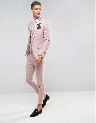 Tailor Made Pink Men wedding Suits Slim Fit Groom Prom Party Blazer Male Tuxedo Jacket+Pants+Vest Costume Marriage Homme Terno X0909