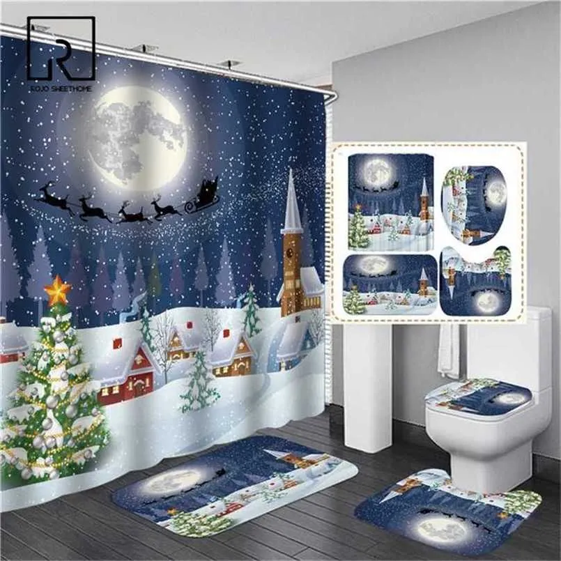 Blue Christmas Elk Print Shower Curtain Set with Anti Slip Toilet Mat Rug Carpet Bath Products Bathroom Home Decor Hooks 211119