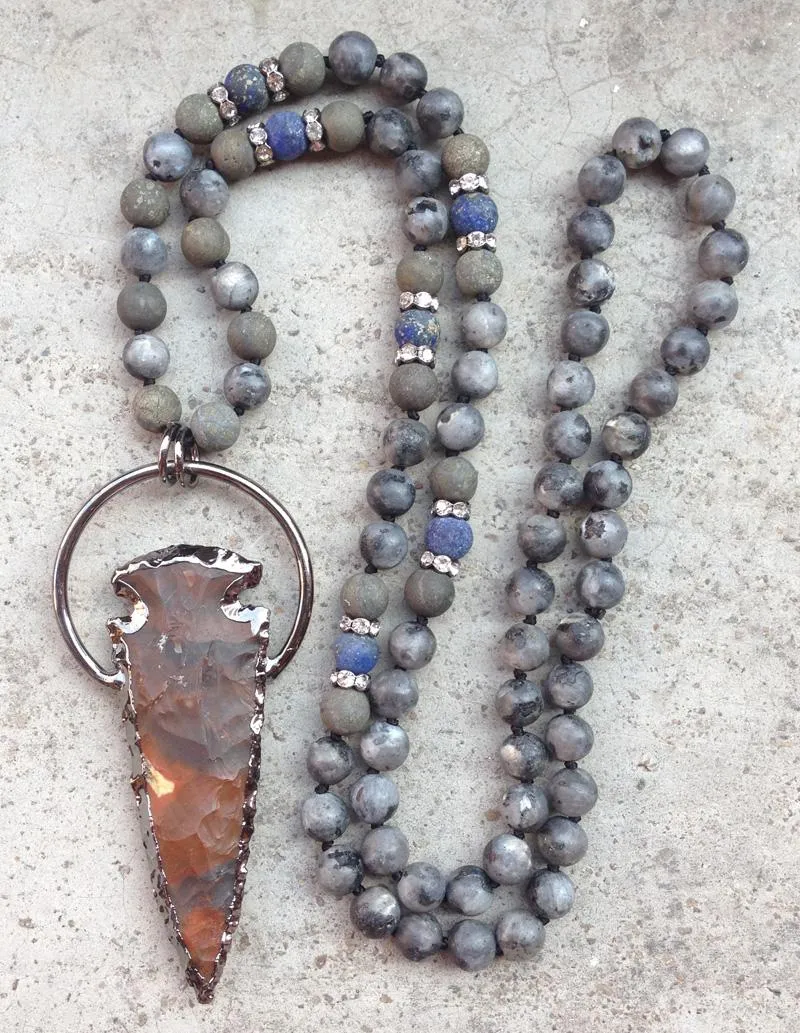 YA2887 Jaspers Stone Arrow Pendant Matte Labradorite Pyrite Lapis 8mm Beads Knot Handmade Necklace