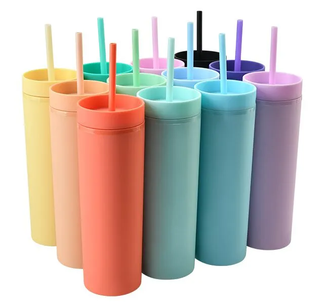 16oz Acrylic Skinny Tumblers Matte Colors Double Wall 500ml Tumbler Coffee Drinking Plastic Sippy Cup With Lid Straw