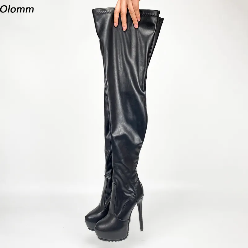 Rontic Neue Damen-Winterstiefel mit Plateau-Oberschenkel, seitlicher Reißverschluss, Stiletto-Absatz, runde Zehen, schwarze Nachtclub-Schuhe, Übergröße, US-Größe 5–20