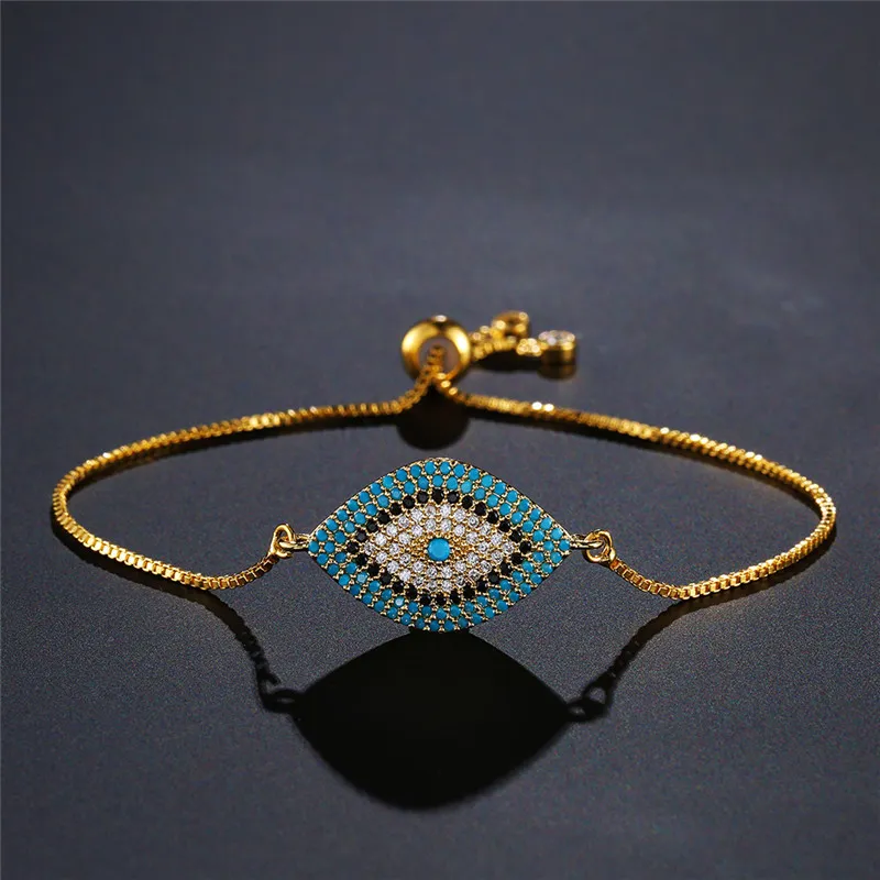 Trendig turkisk guld ondska ögon armband bana cz blå ögon kedja armband justerbara kvinnliga party smycken