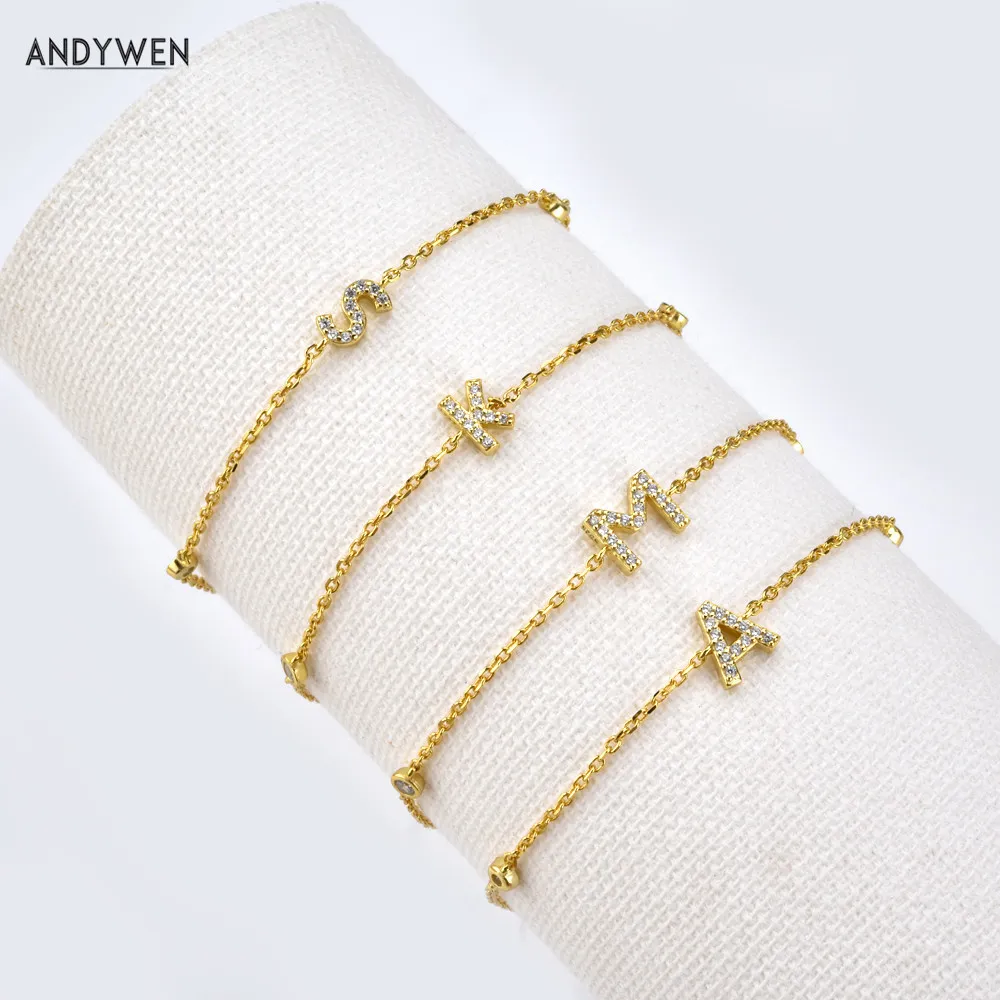 Andywen 925 Sterling Silver Initial 26 Brev Alfabet Monogram Guldnamn Bracelet Crystal CZ Zircon 2021 Modiga smycken